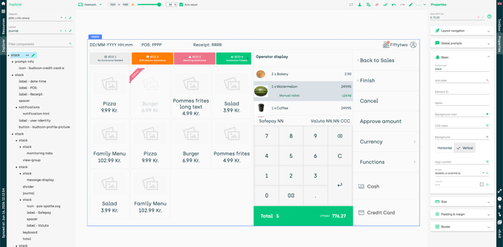 POS Designer interface showing configuration of journal lines, article images and checkout layout elements.